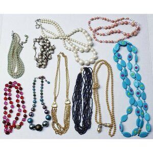 Mixed Lot of 10 Vintage Beaded‎ Necklaces Plastic Colorful Layered Faux Pearl
